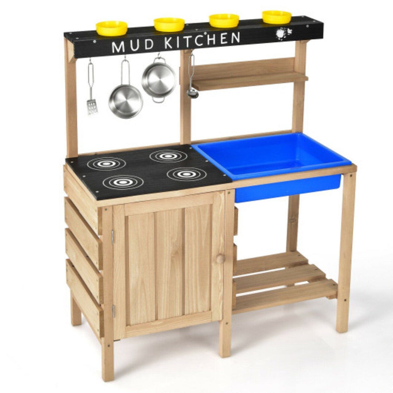 Natural Wooden Outdoor Kids Kitchen Playset with Pretend Kitchenware